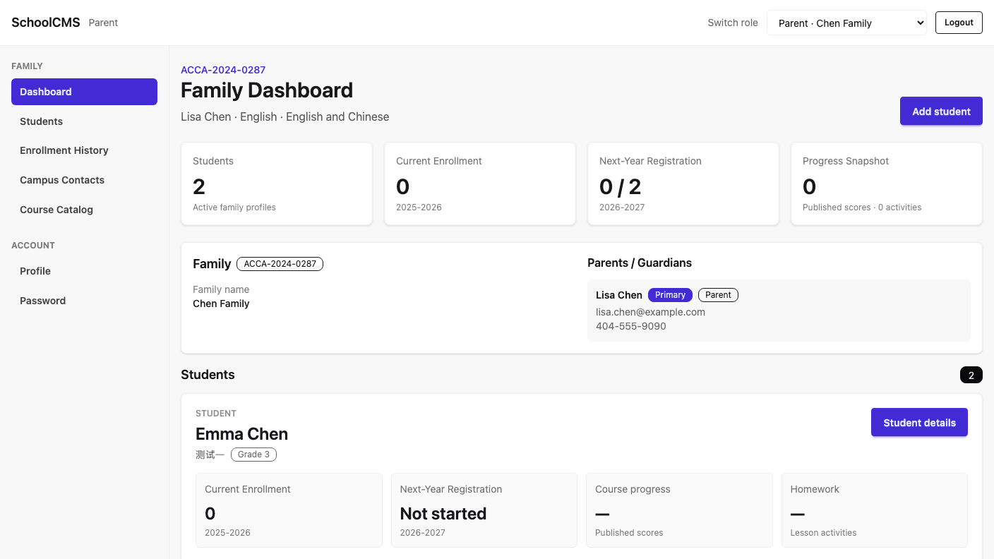 Family dashboard with parent and student records, current enrollments, next-year registration status, and enrollment history.