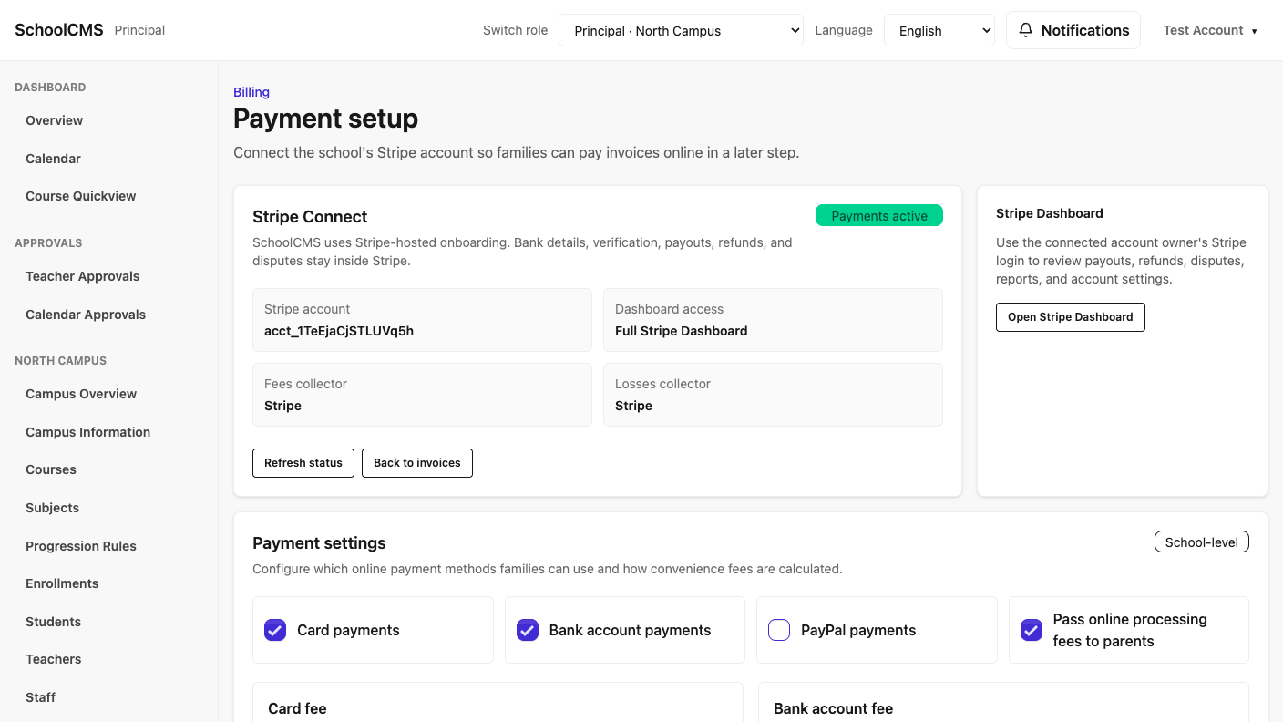 Principal payment setup page showing Stripe Connect status, payment method settings, and processing fee pass-through controls.